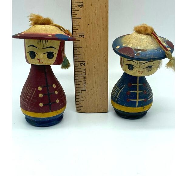 PairVintage 50s Mid‎ Century MCM WOODEN KOKESHI BOBBLEHEAD Dolls Figurine JAPAN - Picture 2 of 6